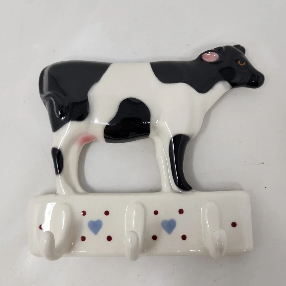 Vintage Clay Art 1987 Ceramic Cow Wall Hook Rack Black White Farmhouse Decor